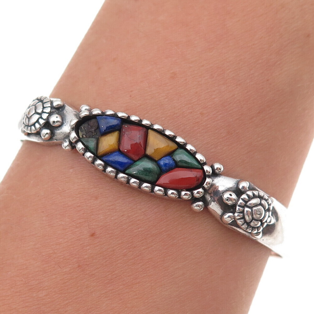 Carolyn Pollack Sterling Vintage Multi-Gem Turtle Bracelet 6.25" (missing stone)